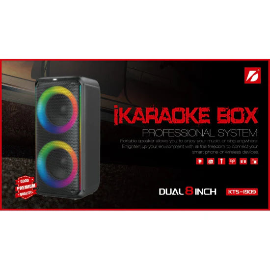 KTS-1909 Парти Тонколона с Двойни 8" 60W Говорители и RGB Осветление